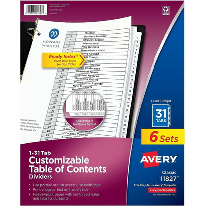 Avery 1-31 Dividers, 31 Tabs, Ready Index (6 Sets of 11827) - 186 x Divider(s) - 186 Tab(s) - Digit - 1-31, Table of Con