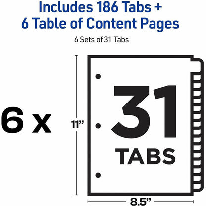 Avery 1-31 Dividers, 31 Tabs, Ready Index (6 Sets of 11827) - 186 x Divider(s) - 186 Tab(s) - Digit - 1-31, Table of Con