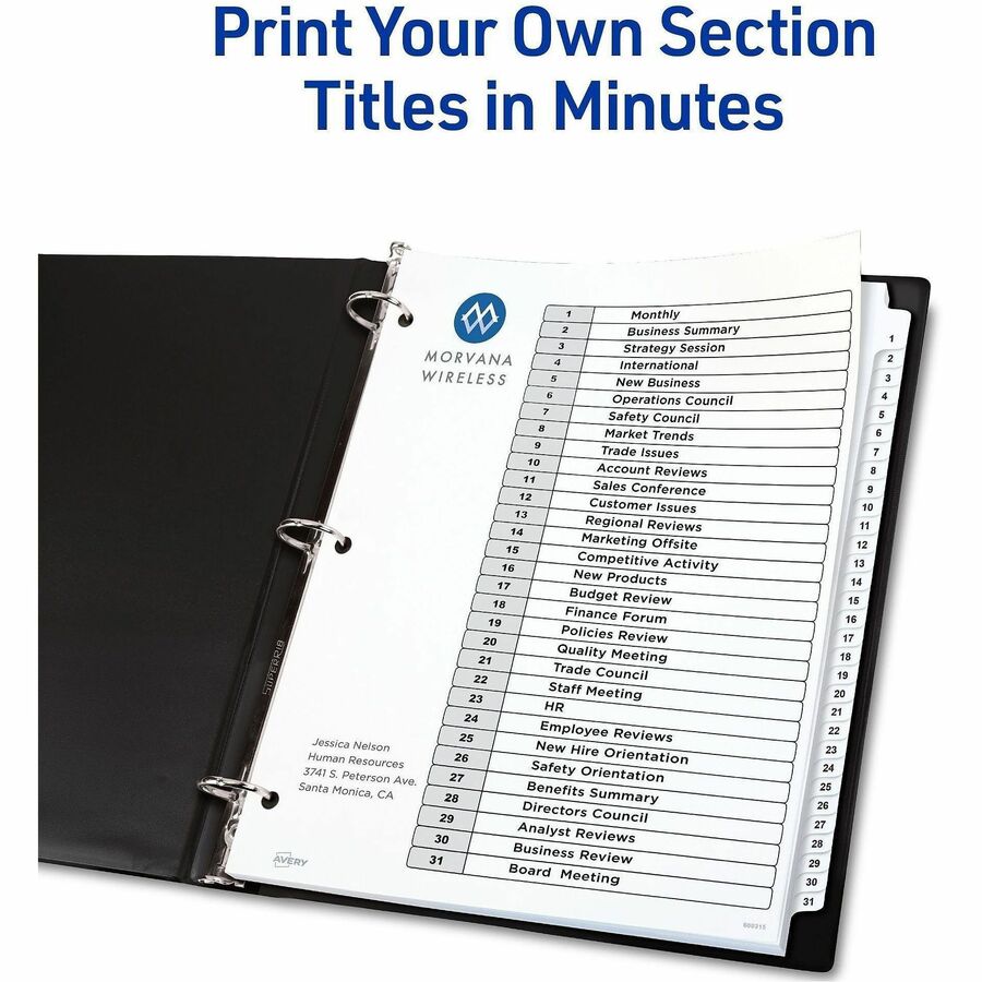 Avery 1-31 Dividers, 31 Tabs, Ready Index (6 Sets of 11827) - 186 x Divider(s) - 186 Tab(s) - Digit - 1-31, Table of Con
