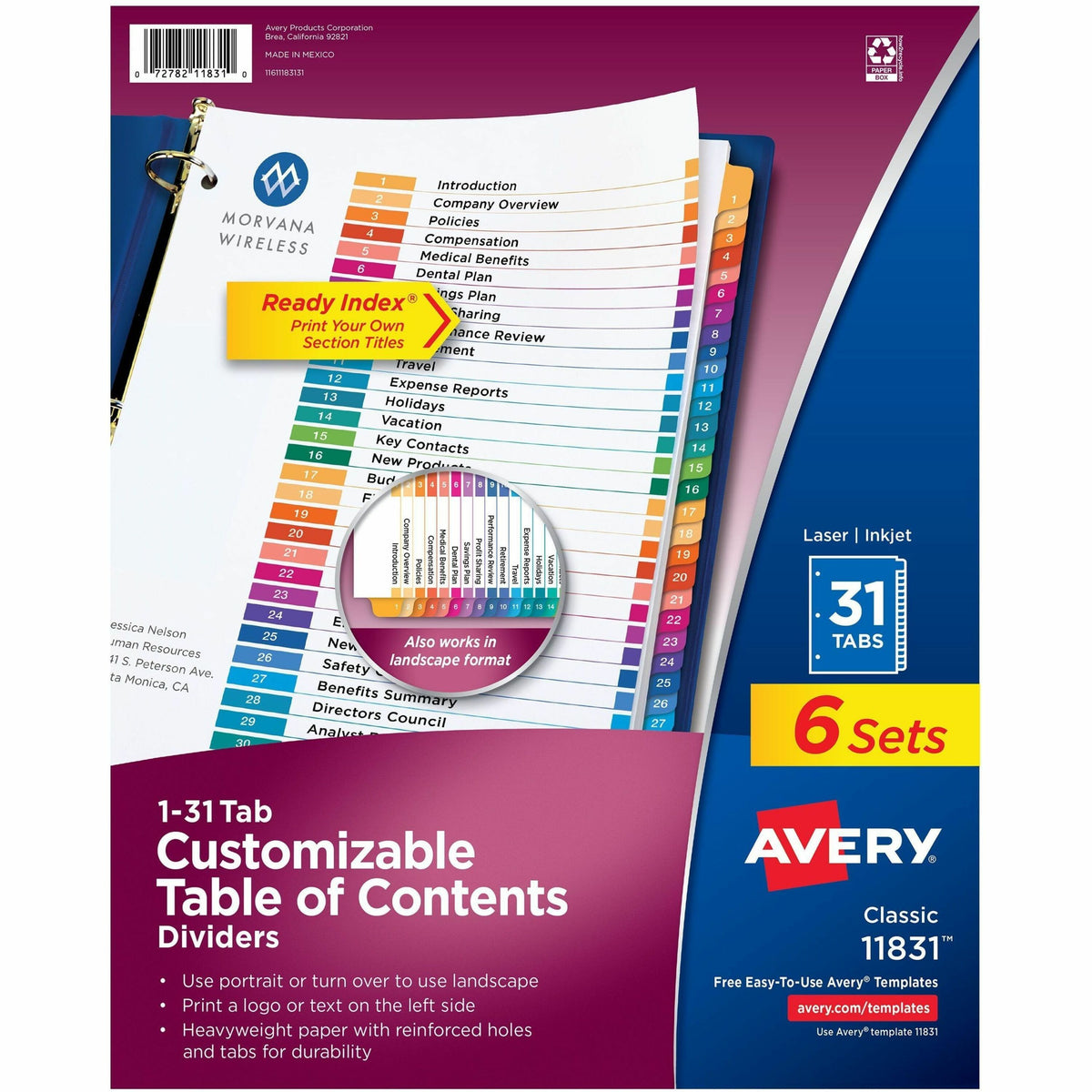Avery 1-31 Dividers, 31 Tabs, Ready Index (6 Sets of 11831) - 186 x Divider(s) - 186 Tab(s) - Digit - 1-31, Table of Con