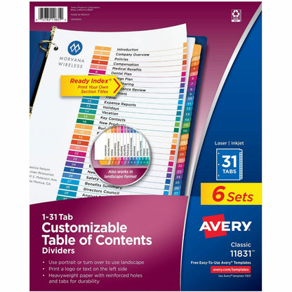 Avery 1-31 Dividers, 31 Tabs, Ready Index (6 Sets of 11831) - 186 x Divider(s) - 186 Tab(s) - Digit - 1-31, Table of Con