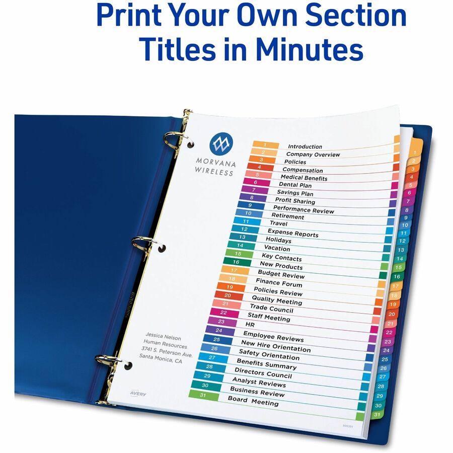 Avery 1-31 Dividers, 31 Tabs, Ready Index (6 Sets of 11831) - 186 x Divider(s) - 186 Tab(s) - Digit - 1-31, Table of Con