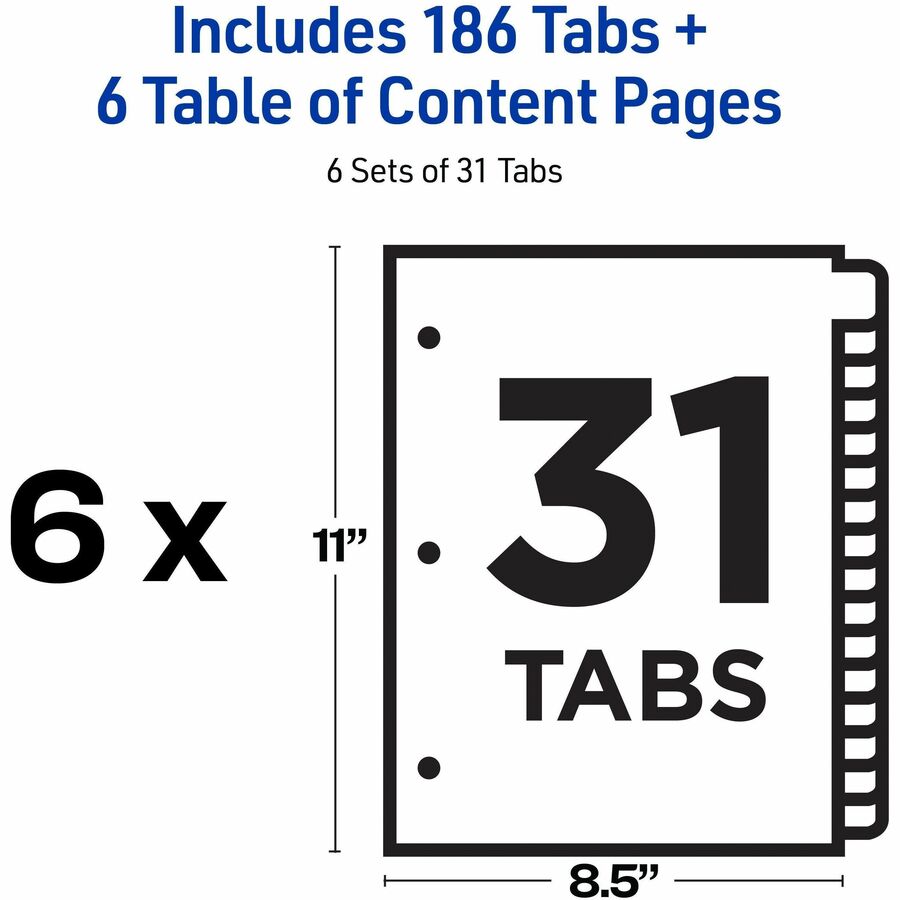 Avery 1-31 Dividers, 31 Tabs, Ready Index (6 Sets of 11831) - 186 x Divider(s) - 186 Tab(s) - Digit - 1-31, Table of Con
