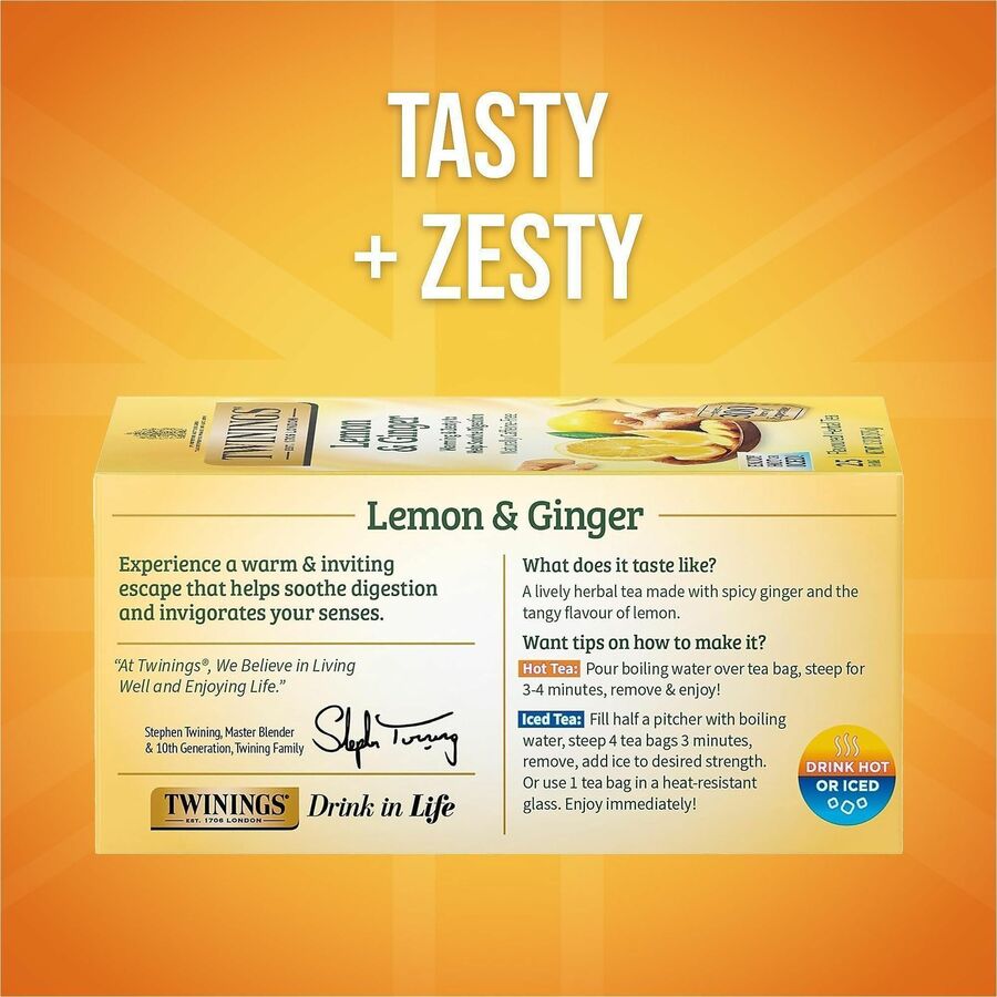 Twinings of London Lemon & Ginger Herbal Tea Bag - 1.3 oz - Decaffeinated - 25 / Box