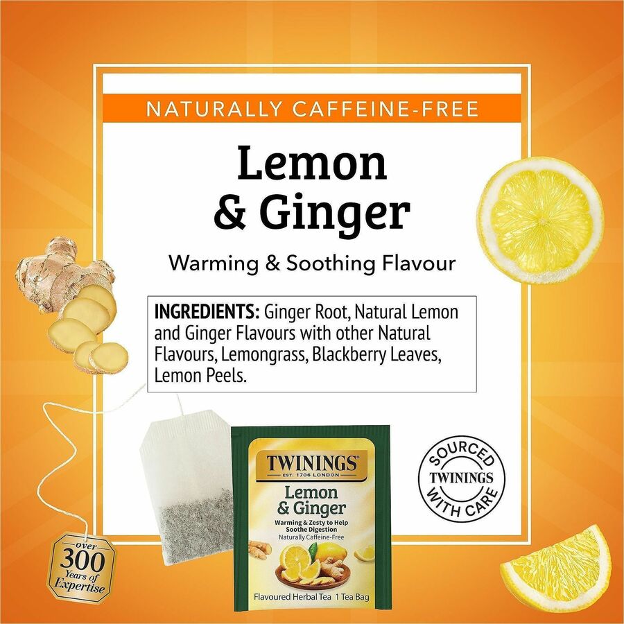 Twinings of London Lemon & Ginger Herbal Tea Bag - 1.3 oz - Decaffeinated - 25 / Box