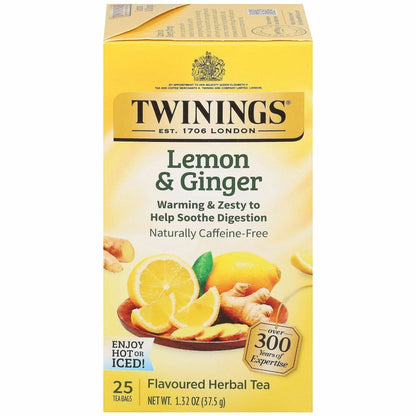 Twinings of London Lemon & Ginger Herbal Tea Bag - 1.3 oz - Decaffeinated - 25 / Box