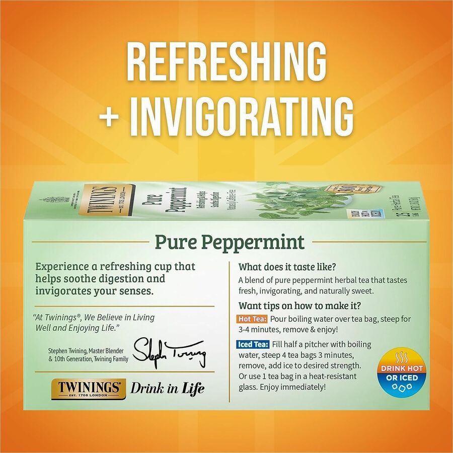 Twinings of London Pure Peppermint Herbal Tea Bag - 1.8 oz - Caffeine-free - 25 / Box