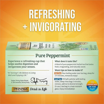 Twinings of London Pure Peppermint Herbal Tea Bag - 1.8 oz - Caffeine-free - 25 / Box