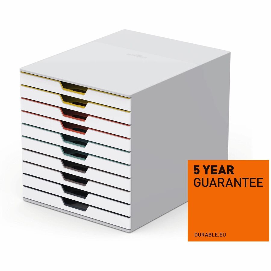 DURABLE VARICOLOR MIX 10 Drawer Desktop Storage Box, White/Multicolor - 10 Drawer(s) - 11" Height x 11.50" Width x 14" D