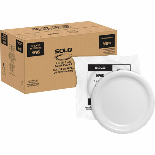 Solo 9" Heavyweight Paper Plates - Food - Disposable - 9" Diameter - White - Paper Body - 125/Bag - 4 / Carton
