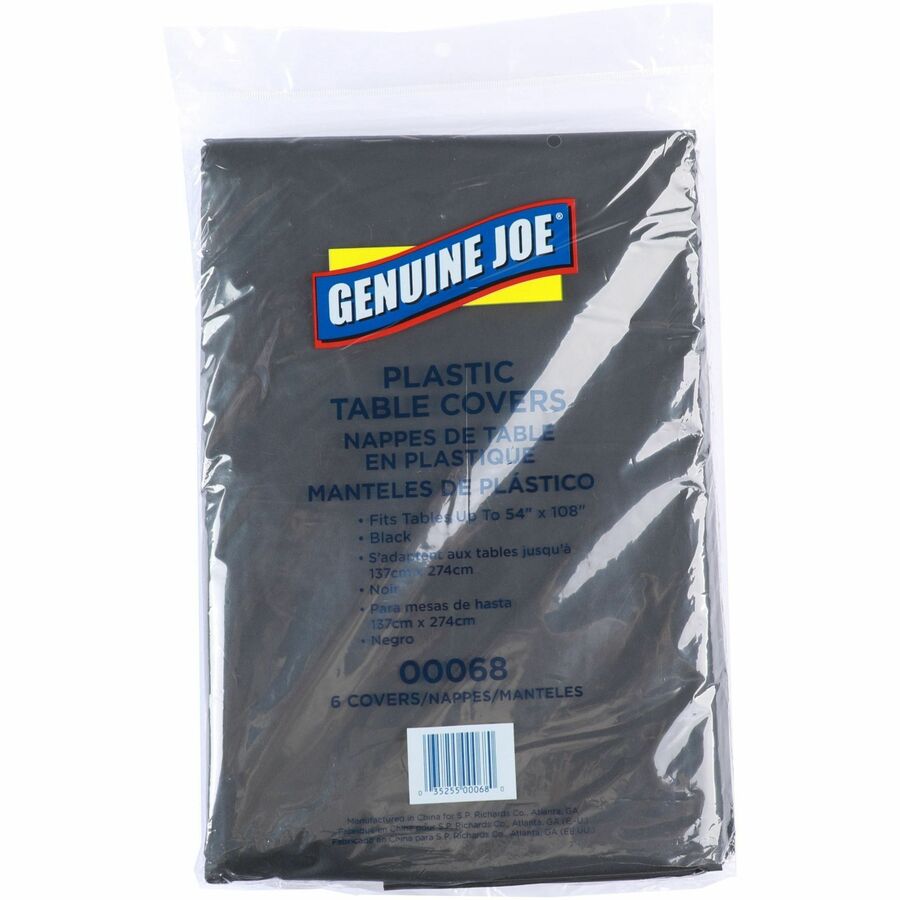 Genuine Joe Plastic Table Covers - 108" Length x 54" Width - Plastic - Black - 6/Pack - 4 / Carton