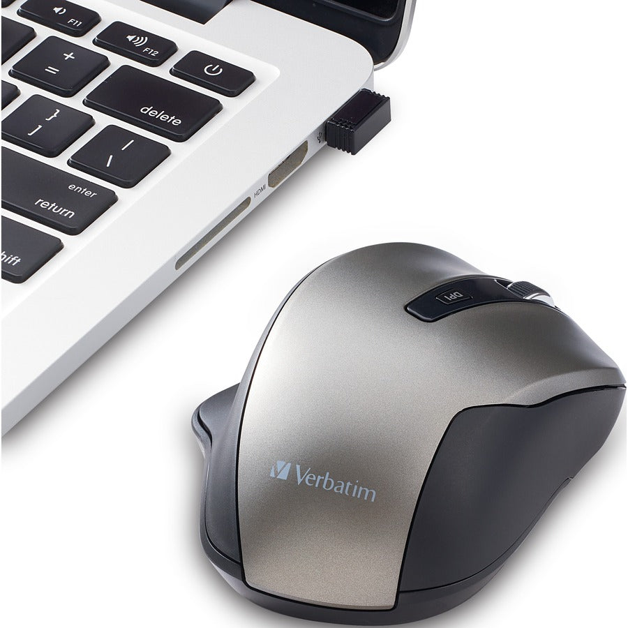 Verbatim Ergo Wireless Blue LED Mouse - Blue LED/Optical - Wireless - Radio Frequency - 2.40 GHz - Graphite - USB - 1600