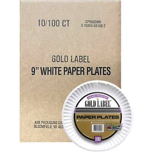 Gold Label 9" Dinnerware Paper Plates - Serving - Disposable - Microwave Safe - 9" Diameter - White - Paper Body - 100/P