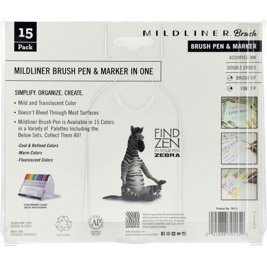 Zebra MILDLINER Dual Ended Brush Pen & Marker Set - Medium Brush Pen Point - Assorted Ink - Pigment-based - White Barrel