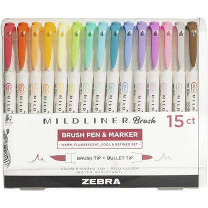 Zebra MILDLINER Dual Ended Brush Pen & Marker Set - Medium Brush Pen Point - Assorted Ink - Pigment-based - White Barrel