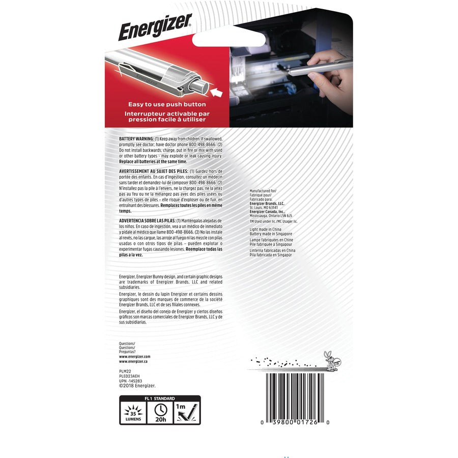 Energizer LED Pen Light - LED - Bulb - 1 W - 6 lm Lumen - AAA - Battery - Stainless Steel - Drop Resistant - Silver - 4 