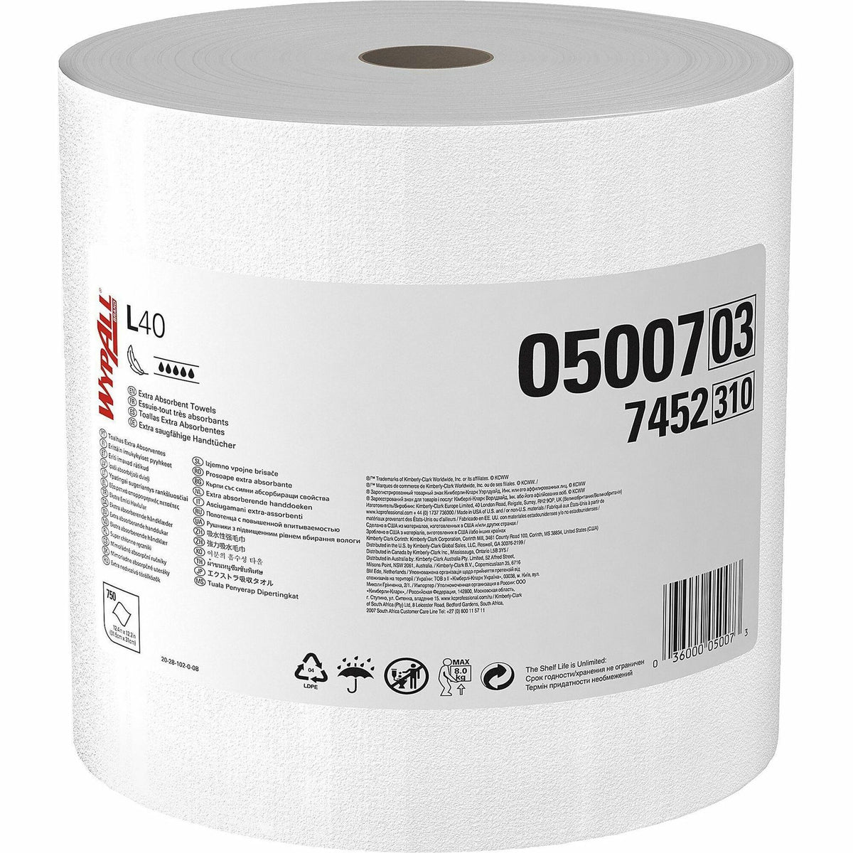 Wypall PowerClean L40 Extra Absorbent Towels - 12.20" Width x 12.40" Length - 750 Sheets/Roll - White, Blue - Cellulose 
