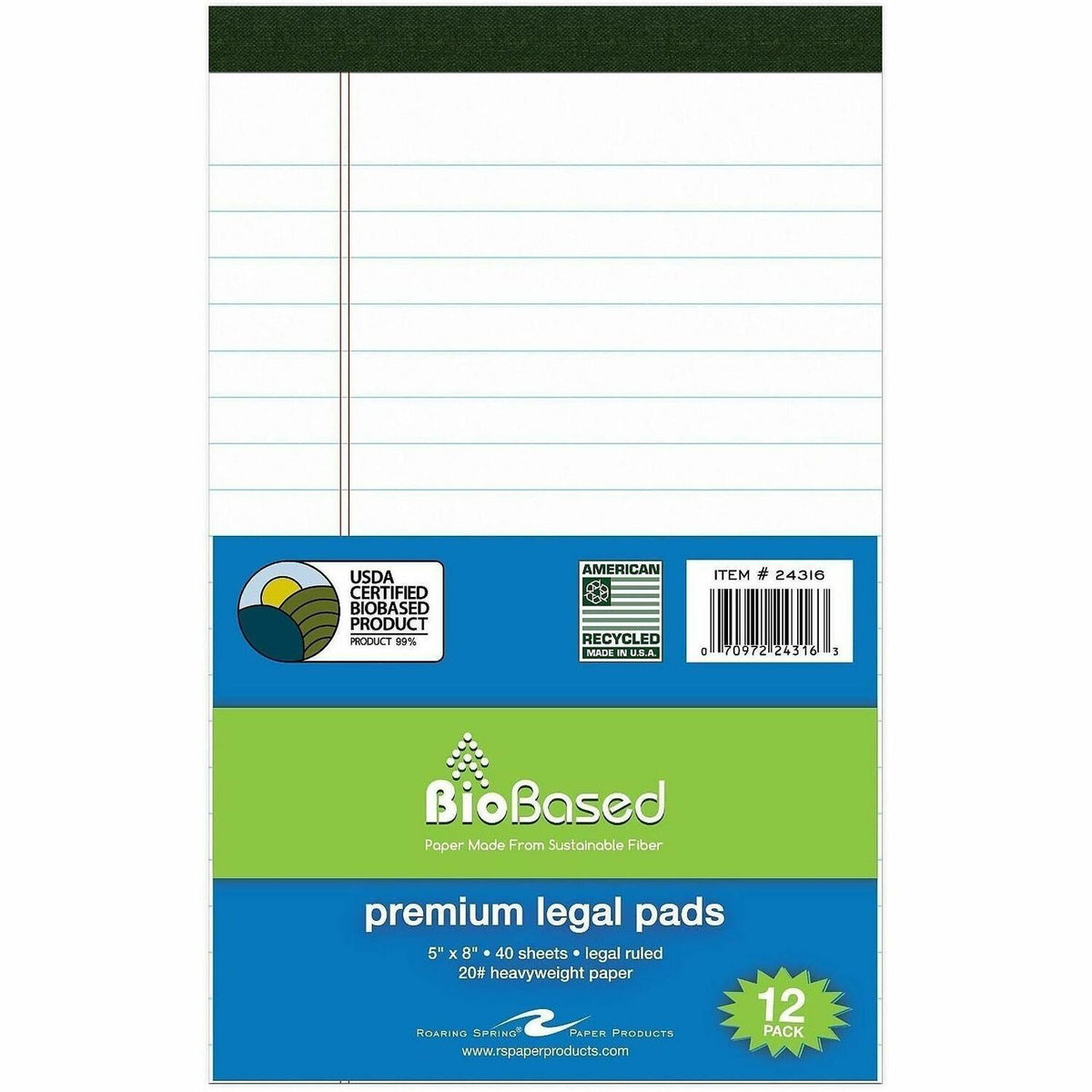 Roaring Spring USDA Certified Bio-Preferred Junior Size Legal Pads - 40 Sheets - 80 Pages - Printed - Stapled/Tapebound 