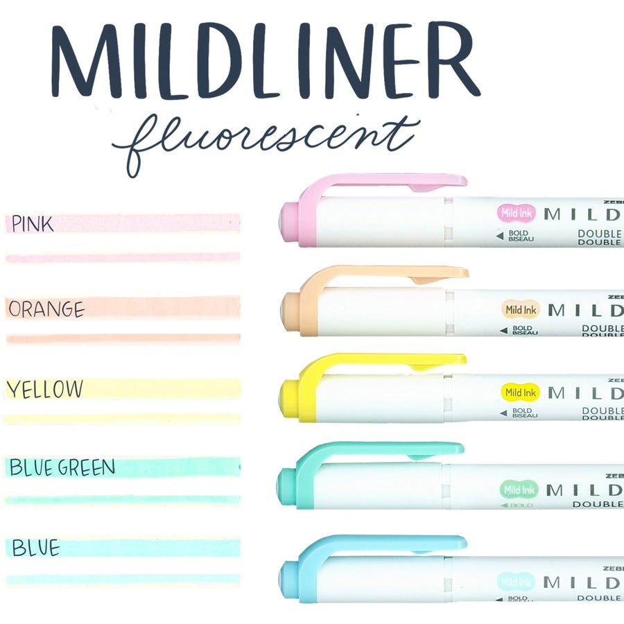 Zebra Pen Mildliner Double Ended Highlighter Assorted Fluorescent 5Pk - Fluorescent Assorted Ink - White Barrel - 5 / Pa