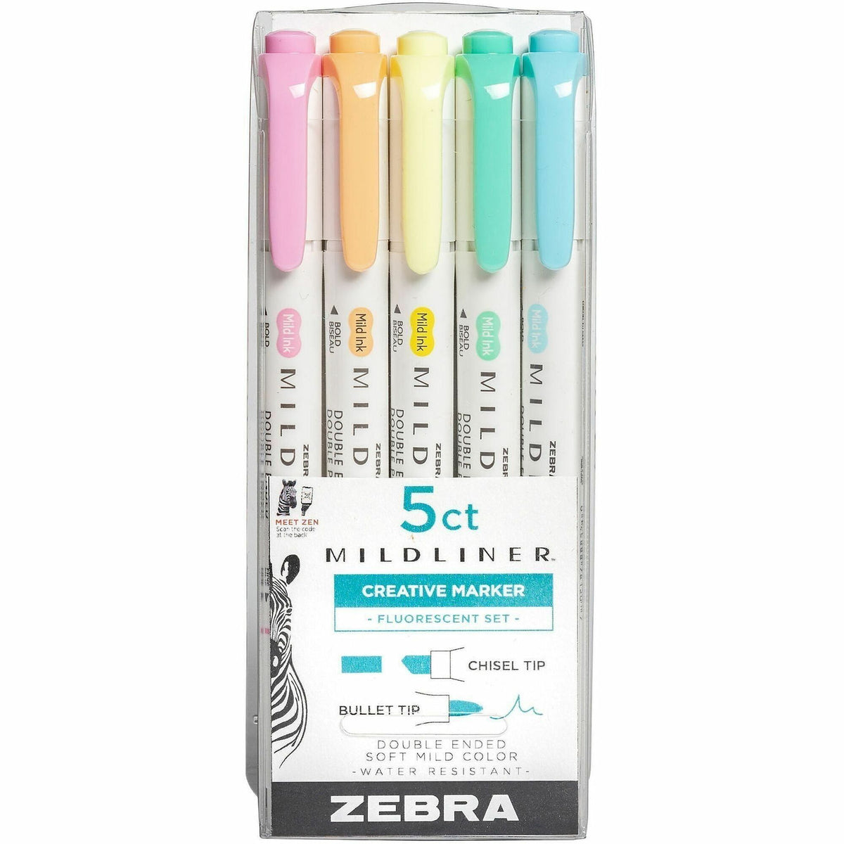 Zebra Pen Mildliner Double Ended Highlighter Assorted Fluorescent 5Pk - Fluorescent Assorted Ink - White Barrel - 5 / Pa