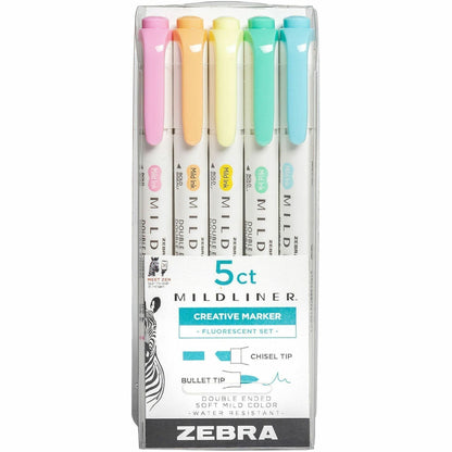 Zebra Pen Mildliner Double Ended Highlighter Assorted Fluorescent 5Pk - Fluorescent Assorted Ink - White Barrel - 5 / Pa