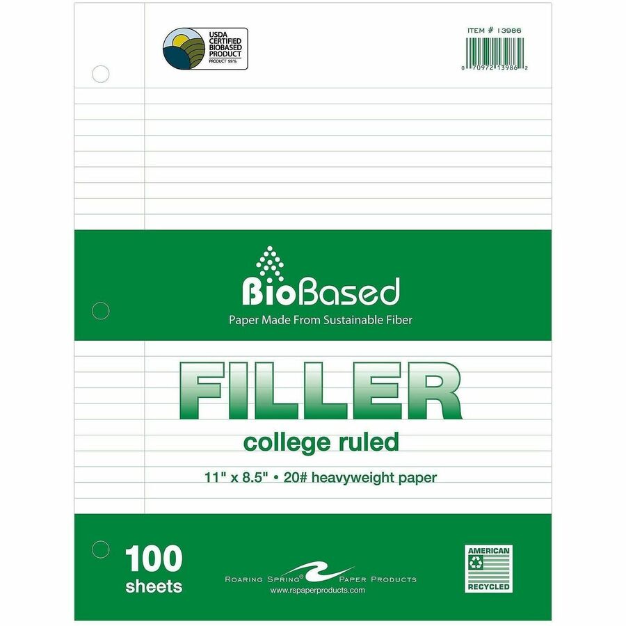 Roaring Spring BioBased Filler Paper - 100 Sheets - 200 Pages - Printed - Ring - Both Side Ruling Surface - Red Margin -