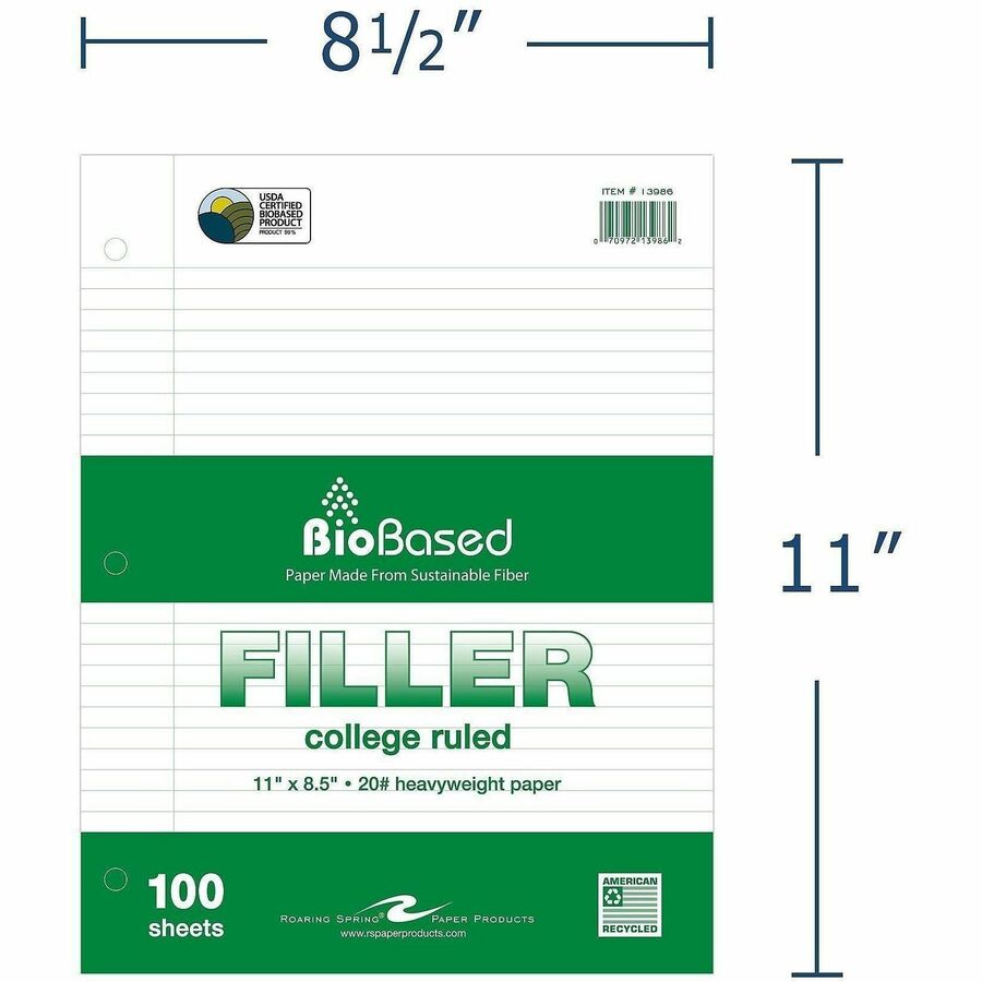 Roaring Spring BioBased Filler Paper - 100 Sheets - 200 Pages - Printed - Ring - Both Side Ruling Surface - Red Margin -