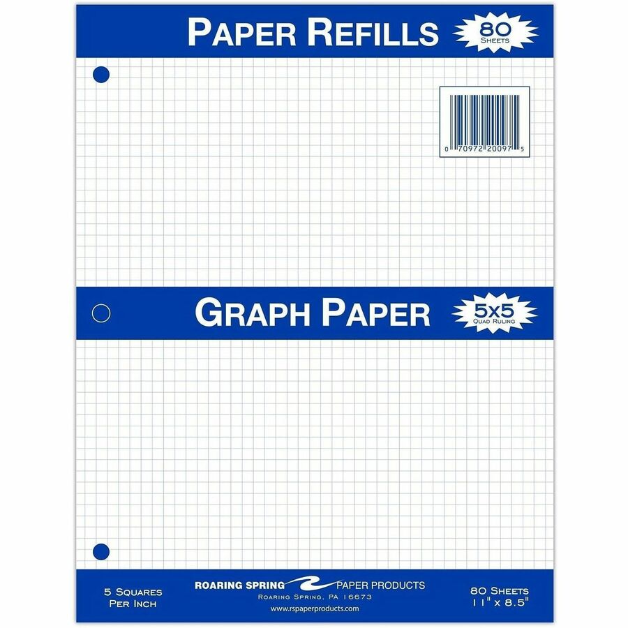 Roaring Spring Graph Filler Paper - 80 Sheets - 160 Pages - Printed - Both Side Ruling Surface - 3 Hole(s) - 15 lb Basis