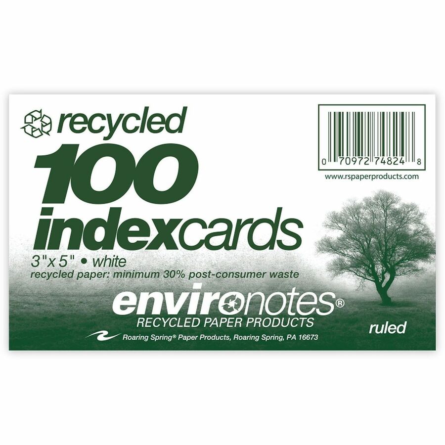 Roaring Spring EnviroNotes Index Cards - 100 Sheets - 200 Pages - Printed - Front Ruling Surface - 43 lb Basis Weight - 