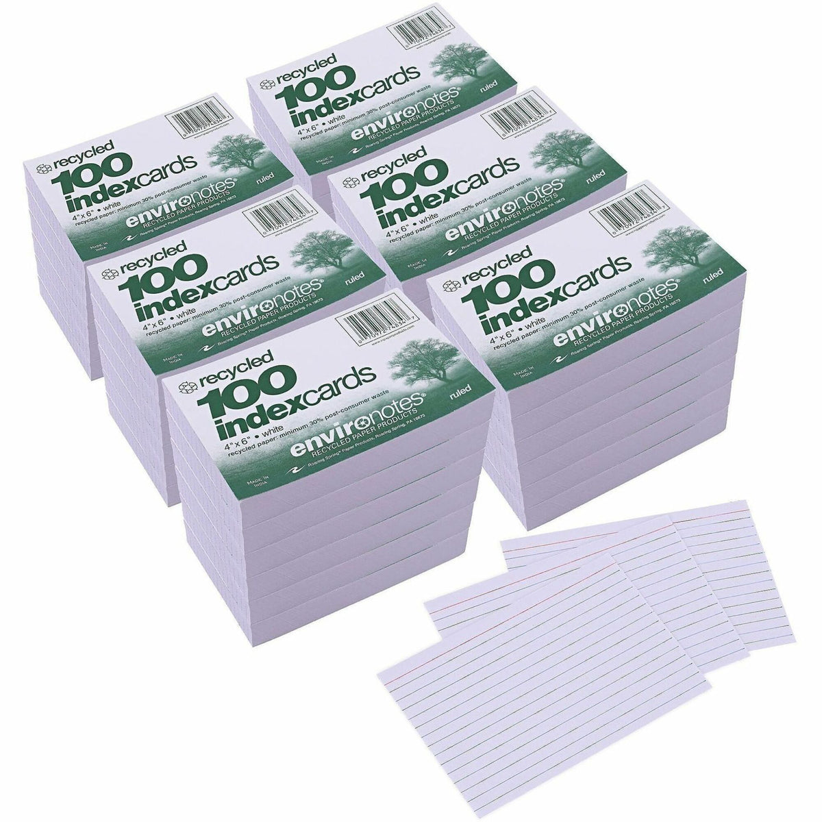 Roaring Spring EnviroNotes Index Cards - 100 Sheets - 200 Pages - Printed - Front Ruling Surface - 43 lb Basis Weight - 
