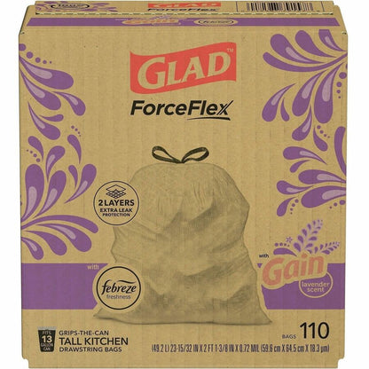 Glad ForceFlex Tall Kitchen Drawstring Trash Bags - Gain Lavender with Febreze Freshness - 13 gal Capacity - 1 Box