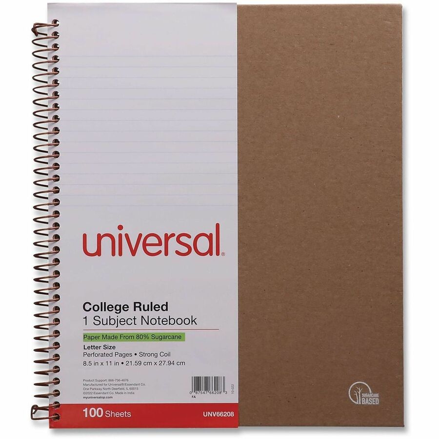 Universal Notebook - 1 Subject(s) - 100 Sheets - Spiral - Medium Ruled, College Ruled Front Ruling - 15 lb Basis Weight 