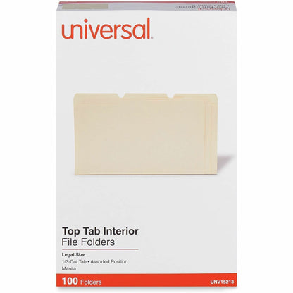 Universal 1/3 Tab Cut Legal Recycled Top Tab File Folder - 8 1/2" x 14" - Assorted Tab Position - 9.5 pt. - Manila Paper