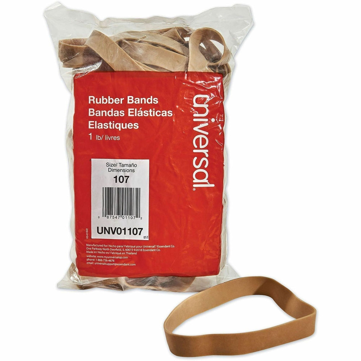 Universal Rubber Bands, Size 107, 0.06" Gauge, Beige, 1 lb Box, 40/Pack - Size: #107 - 7" Length x 0.6" Width - 48 lb/in