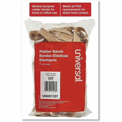 Universal Rubber Bands, Size 107, 0.06" Gauge, Beige, 1 lb Box, 40/Pack - Size: #107 - 7" Length x 0.6" Width - 48 lb/in