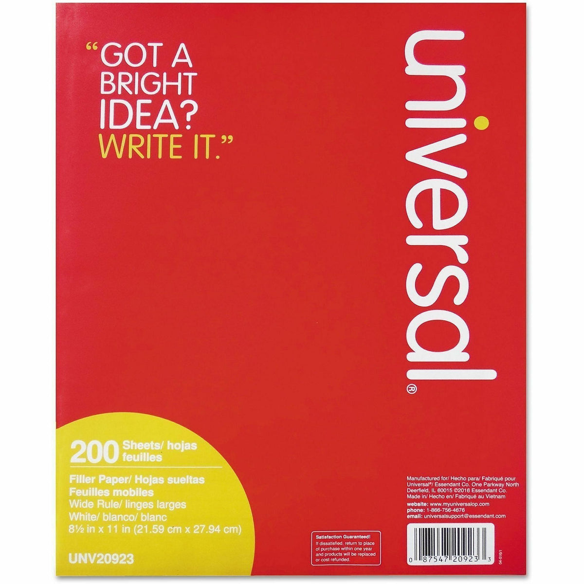 Universal Filler Paper, 3-Hole, 8.5 x 11, Wide/Legal Rule, 200/Pack - 200 Sheets - Wide Ruled, Legal Ruled Front Ruling 