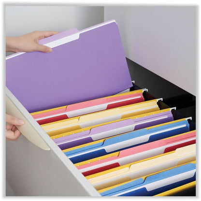 Universal 1/3 Tab Cut Legal Recycled Top Tab File Folder - 8 1/2" x 14" - Assorted Tab Position - 11 pt. - Stock - Purpl