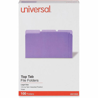 Universal 1/3 Tab Cut Legal Recycled Top Tab File Folder - 8 1/2" x 14" - Assorted Tab Position - 11 pt. - Stock - Purpl