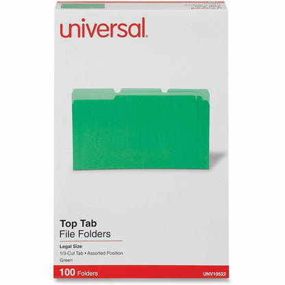Universal 1/3 Tab Cut Legal Recycled Top Tab File Folder - 8 1/2" x 14" - Assorted Tab Position - 11 pt. - Stock - Green