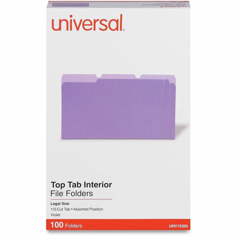 Universal 1/3 Tab Cut Legal Recycled Top Tab File Folder - 8 1/2" x 14" - Assorted Tab Position - 11 pt. - Stock - Purpl
