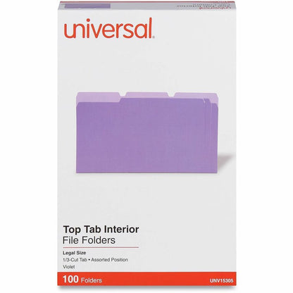 Universal 1/3 Tab Cut Legal Recycled Top Tab File Folder - 8 1/2" x 14" - Assorted Tab Position - 11 pt. - Stock - Purpl