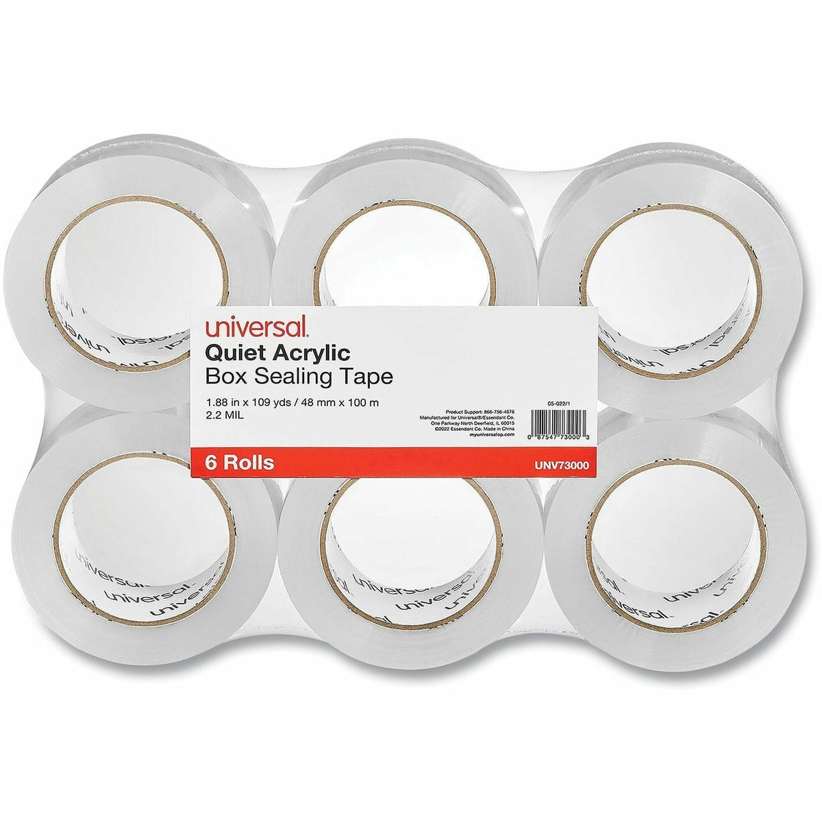 Universal Quiet Tape Box Sealing Tape, 3" Core, 1.88" x 109 yds, Clear, 6/Pack - 109 yd Length x 1.88" Width x 2 mil Thi