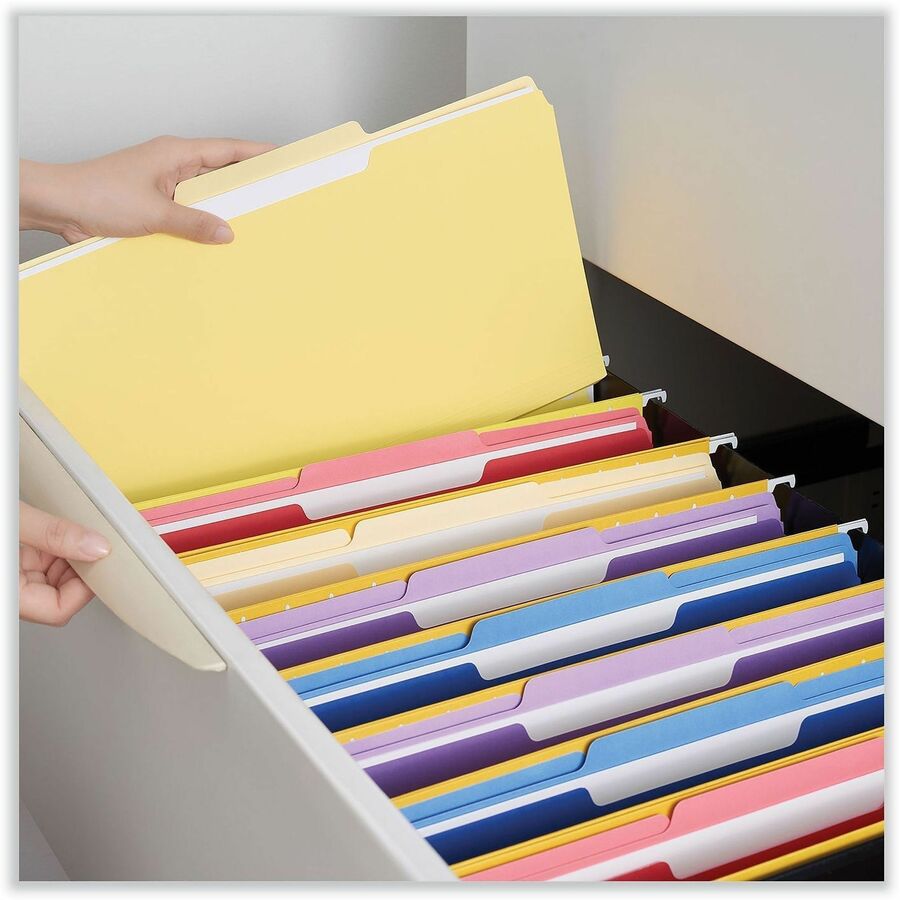 Universal 1/3 Tab Cut Legal Recycled Top Tab File Folder - 8 1/2" x 14" - Assorted Tab Position - 11 pt. - Stock - Yello