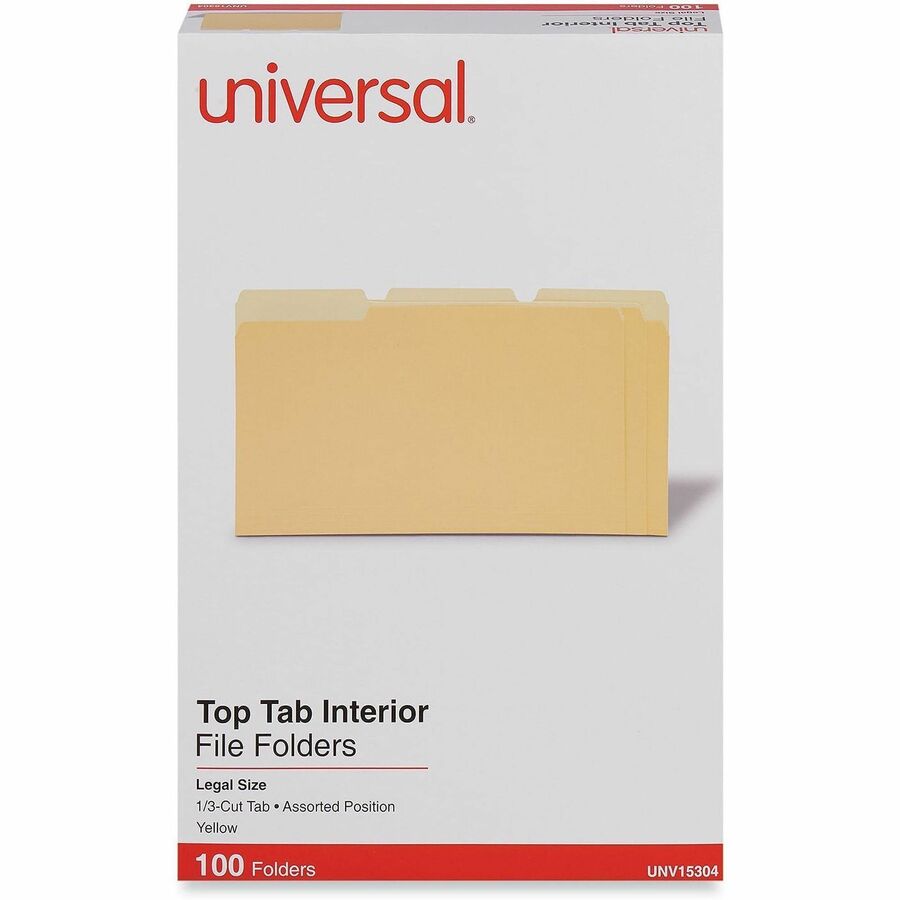 Universal 1/3 Tab Cut Legal Recycled Top Tab File Folder - 8 1/2" x 14" - Assorted Tab Position - 11 pt. - Stock - Yello