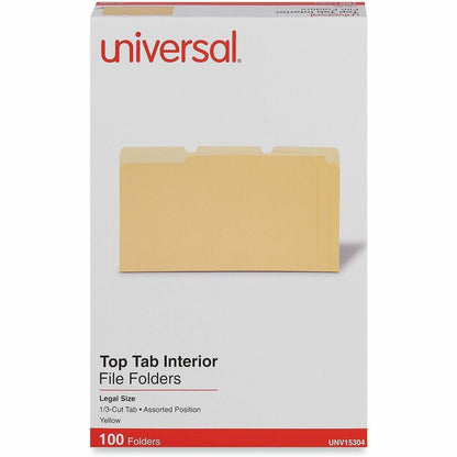 Universal 1/3 Tab Cut Legal Recycled Top Tab File Folder - 8 1/2" x 14" - Assorted Tab Position - 11 pt. - Stock - Yello