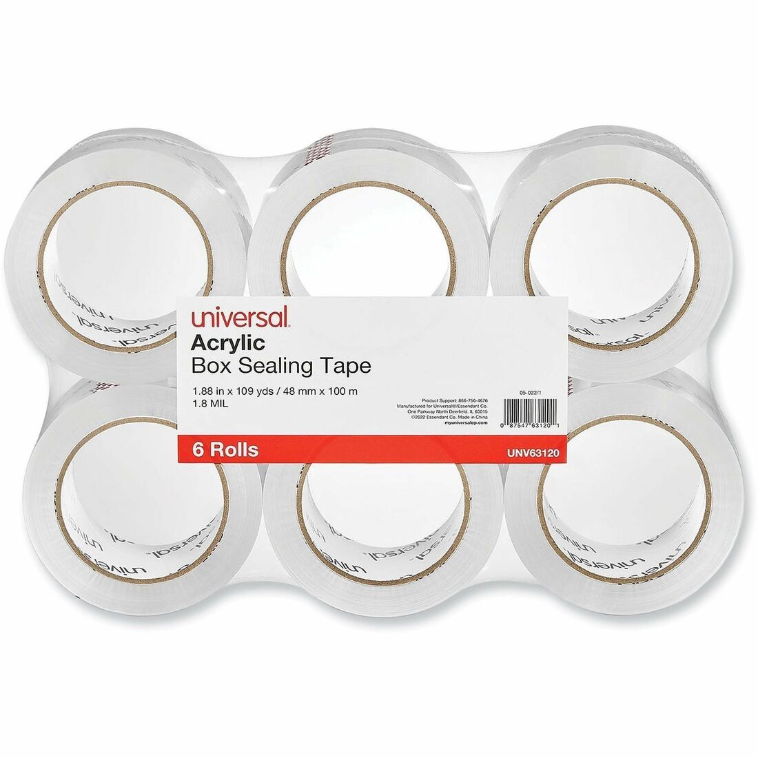 Universal Packaging Tape - 109 yd Length x 1.88" Width x 1.7 mil Thickness - 3" Core - Clear - Acrylic - Plastic Backing