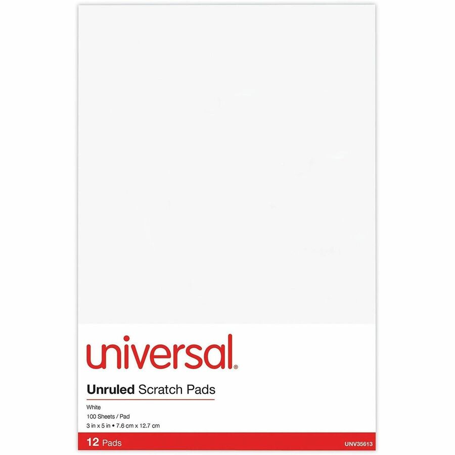 Universal Scratch Pads, Unruled, 3 x 5, White, 100 Sheets, 12/Pack - 1 Subject(s) - 100 Sheets - Plain - Glued - Unruled