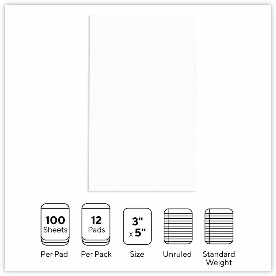 Universal Scratch Pads, Unruled, 3 x 5, White, 100 Sheets, 12/Pack - 1 Subject(s) - 100 Sheets - Plain - Glued - Unruled