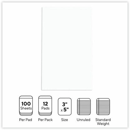 Universal Scratch Pads, Unruled, 3 x 5, White, 100 Sheets, 12/Pack - 1 Subject(s) - 100 Sheets - Plain - Glued - Unruled