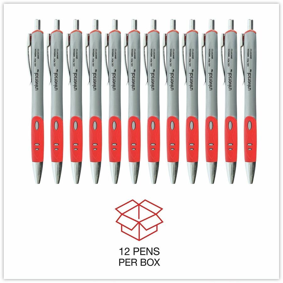 Universal Comfort Grip Gel Pen - 0.7 mm Medium Conical Pen Point - Retractable - Red Ink - Water Based - Gray, Red, Silv